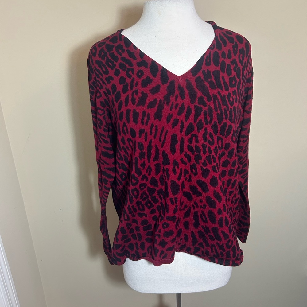 INC International Concepts Red Leopard Print Sweater V-neck Women’s Plus Size 1X - Picture 1 of 5